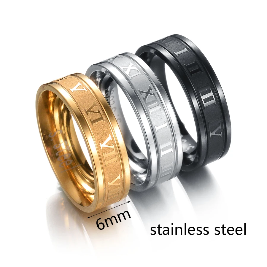 Main Stone Color: WHITE, Ring Size: 12 and greater - Letdiffery 6mm Punk Roman Numerals Rings High Quality Stainless Steel Women Men Jewelry For Wholesale Dropshipping