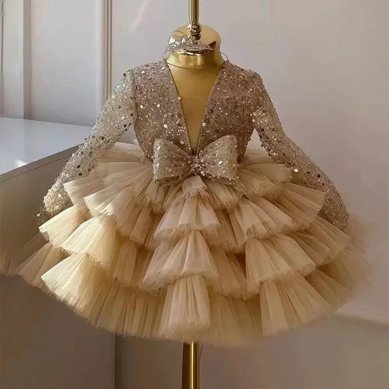 Kid Size: 5T, Color: Brown - 2-12 years old  sequin long-sleeved dress girl puffy dress girl lace birthday wedding flower girl bow performance dress