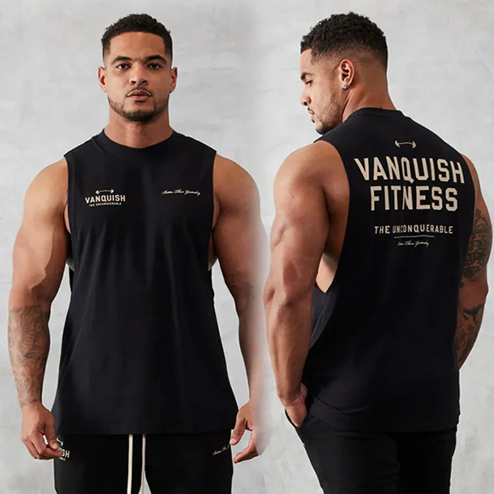 Color: black, Size: L - Gym exercise fitness sports men's vest cotton wide shoulder round neck sleeveless shirt slim casual men's wear