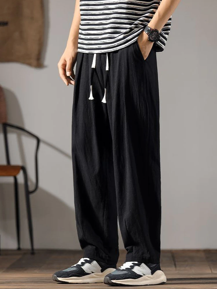 Color: Champagne, Size: XXXL - Japenese Cotton Linen Pants Men Summer Straight Casual Ice Silk Sweatpants Male Wide leg Oversize Linen Trousers 2024 New