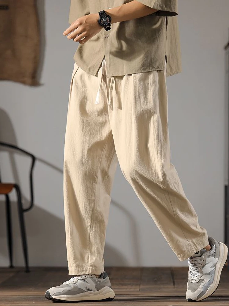 Color: Champagne, Size: XXXL - Japenese Cotton Linen Pants Men Summer Straight Casual Ice Silk Sweatpants Male Wide leg Oversize Linen Trousers 2024 New