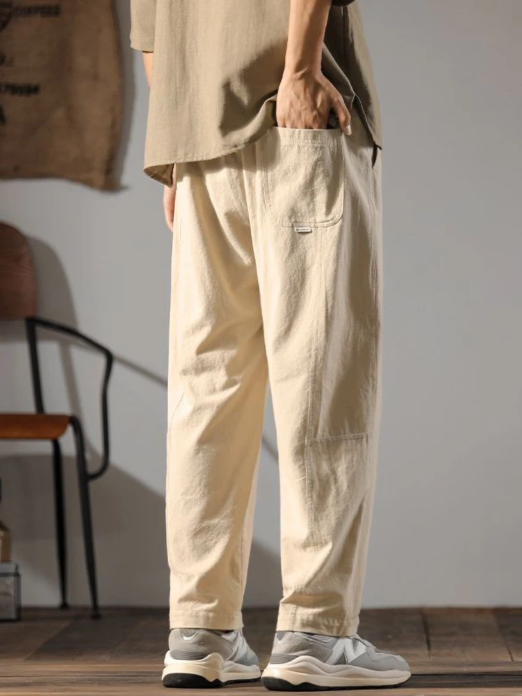 Color: Champagne, Size: XXXL - Japenese Cotton Linen Pants Men Summer Straight Casual Ice Silk Sweatpants Male Wide leg Oversize Linen Trousers 2024 New