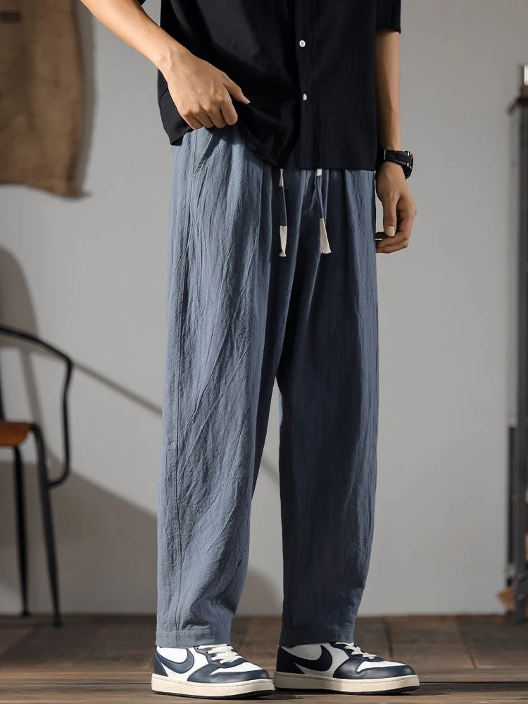 Color: Champagne, Size: XXXL - Japenese Cotton Linen Pants Men Summer Straight Casual Ice Silk Sweatpants Male Wide leg Oversize Linen Trousers 2024 New