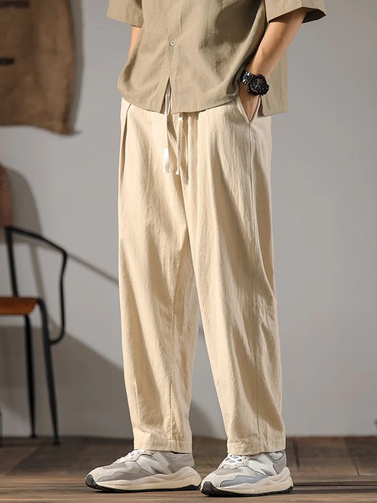 Color: Champagne, Size: XXXL - Japenese Cotton Linen Pants Men Summer Straight Casual Ice Silk Sweatpants Male Wide leg Oversize Linen Trousers 2024 New