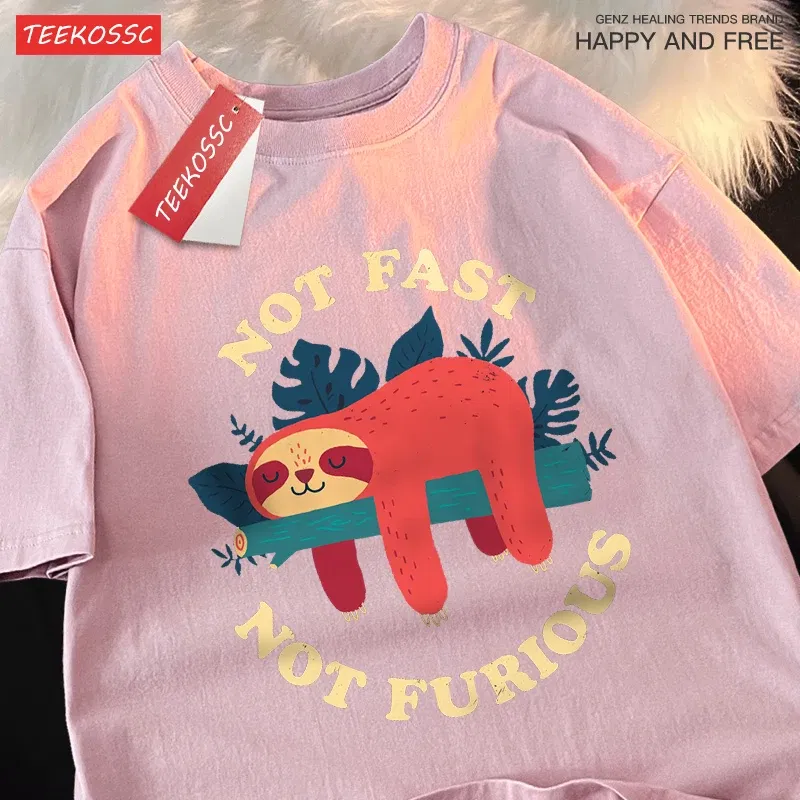 Color: SKY BLUE, Size: S - Not Fast Not Furious Cute Sloth Male T Shirts Hip Hop Crewneck Short Sleeve Summer Cotton Tops Casual Sweat Oversized T-Shirts