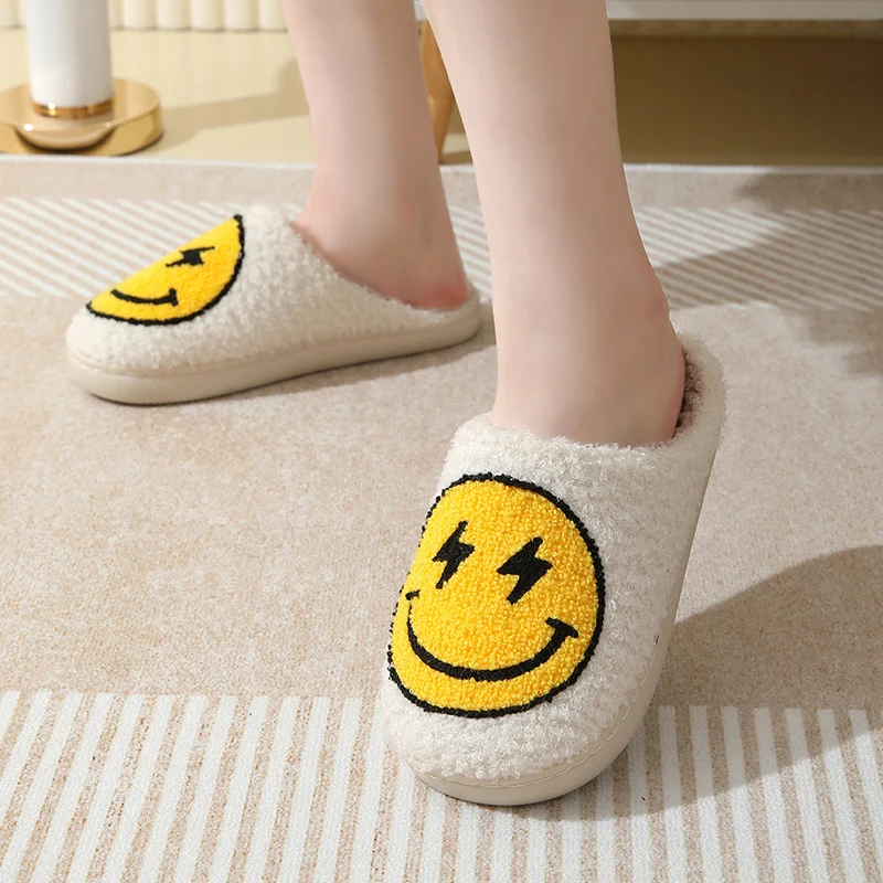 Color: black, Shoe Size: 39 - Leopard Print Winter Slippers Women Lightning Smile Face Fluffy Fur Slippers Woman Indoor Anti-slip Furry Couple Cotton Slides