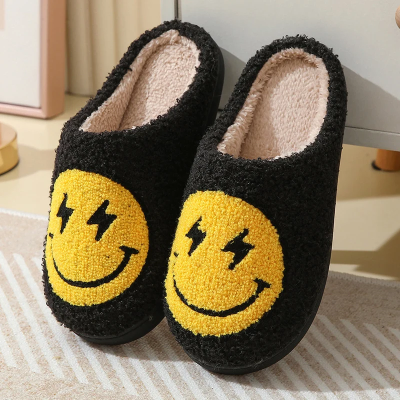 Color: black, Shoe Size: 39 - Leopard Print Winter Slippers Women Lightning Smile Face Fluffy Fur Slippers Woman Indoor Anti-slip Furry Couple Cotton Slides