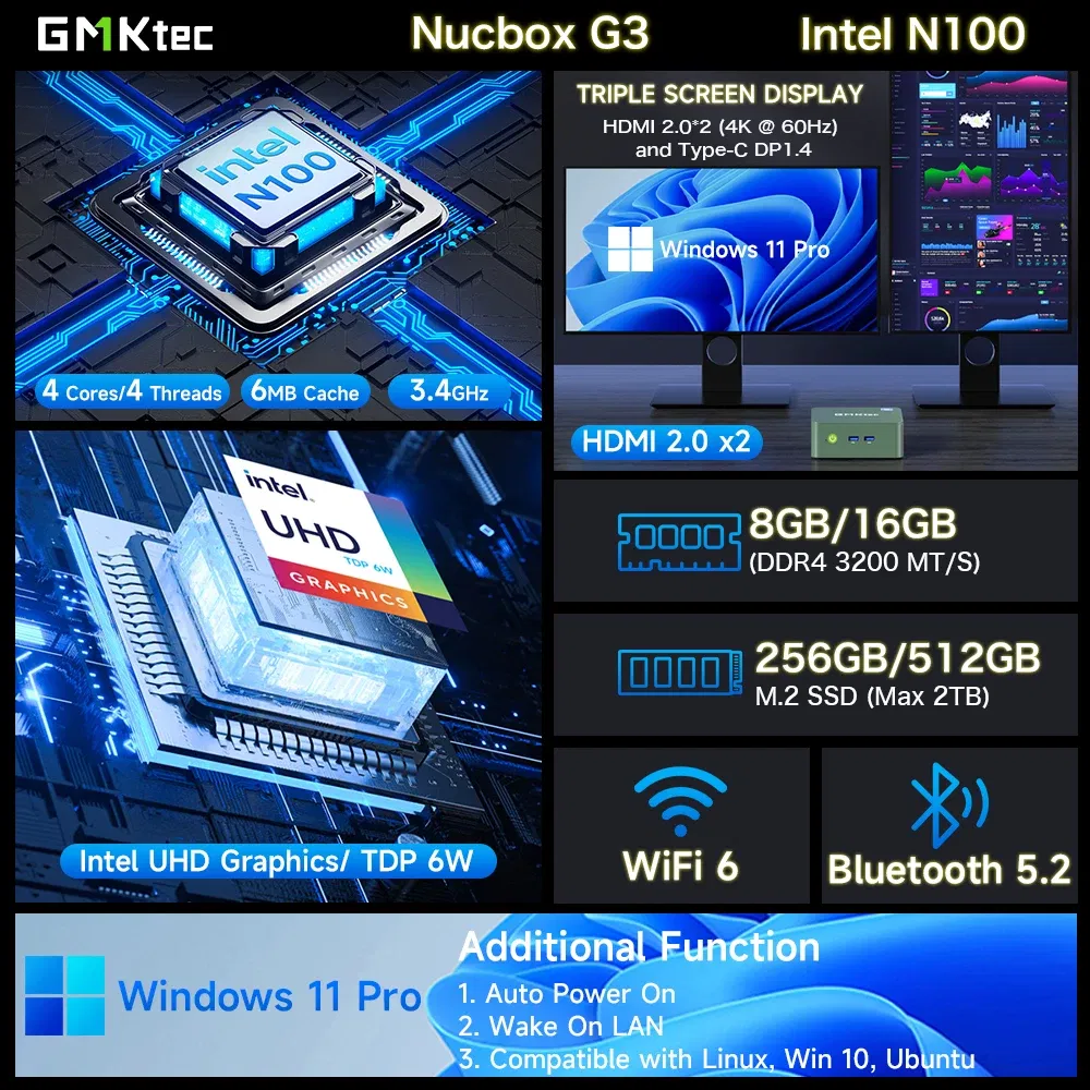 Color: black, Ships From: CHINA - New GMKtec G3 Mini PC Intel Alder Lake N100 Windows 11 Pro Mini PC 8/16GB DDR4 256/512GB PCIe M.2 SSD WiFi 6 BT5.2 Desktop