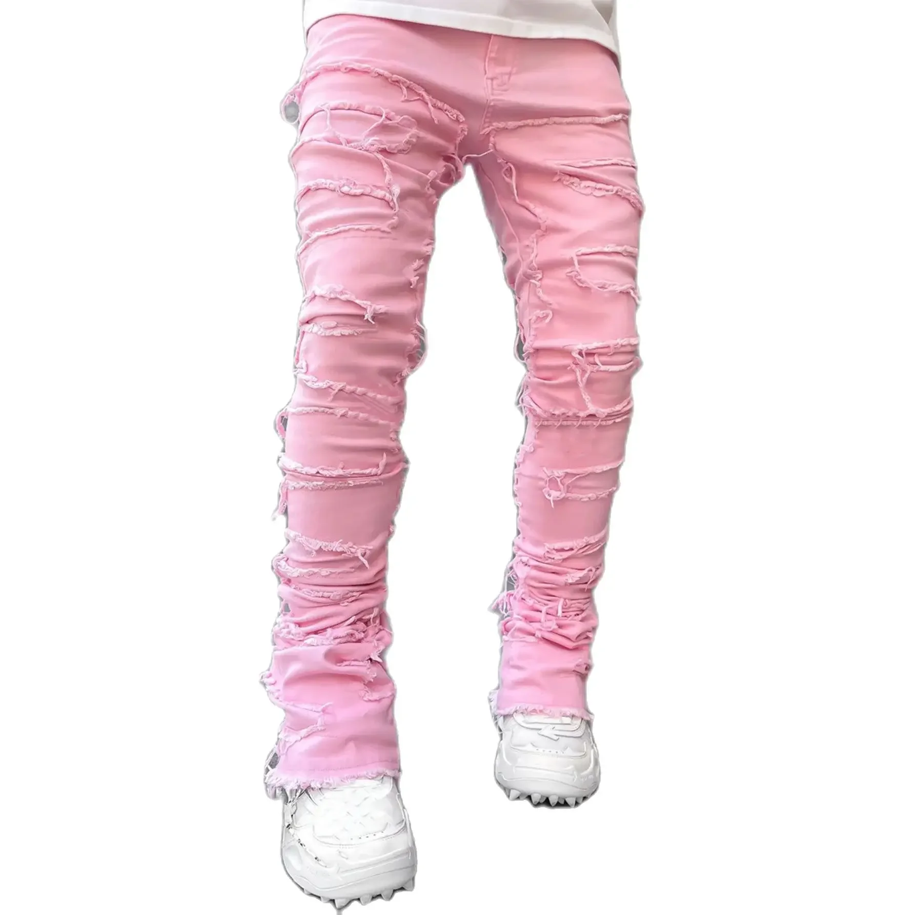 Color: Brown, Size: XXL - Men's Regular Fit Stacked Jeans Ripped Slim Fit Patch Distressed Destroyed Straight Denim Pants Hip Hop Streetwear Trouser Cloth