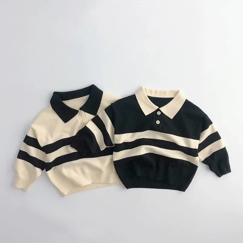 Color: black, Kid Size: 4 - 2025 Autumn New Children Long Sleeve Striped Sweater Cotton Boys Knitted Shirts Cute Baby Casual Knit Sweater Kids Clothes