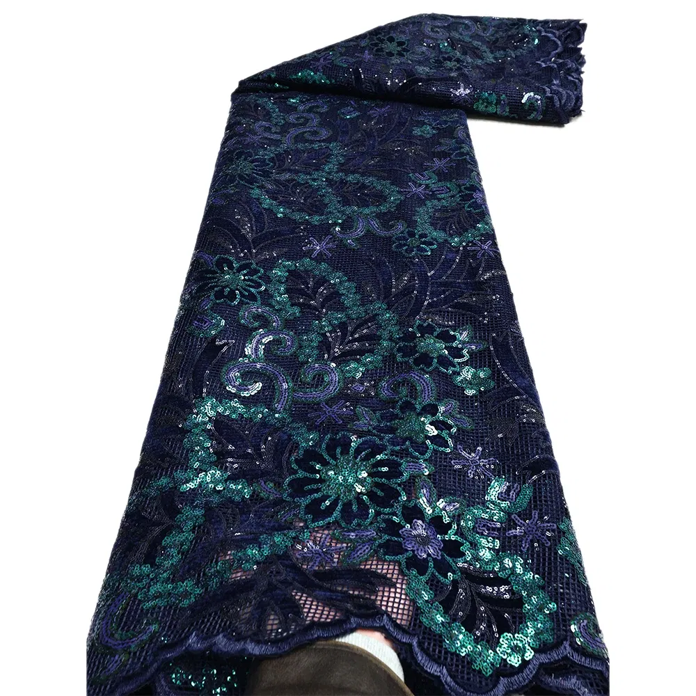 Color: SKY BLUE, length: 5 yards, Width: 120cm - African Velvet Lace Fabric, High Quality Elegant Nigerian Wedding Sequins Lace Fabrics 5 Yards Laser Cutting French Tulle Laces