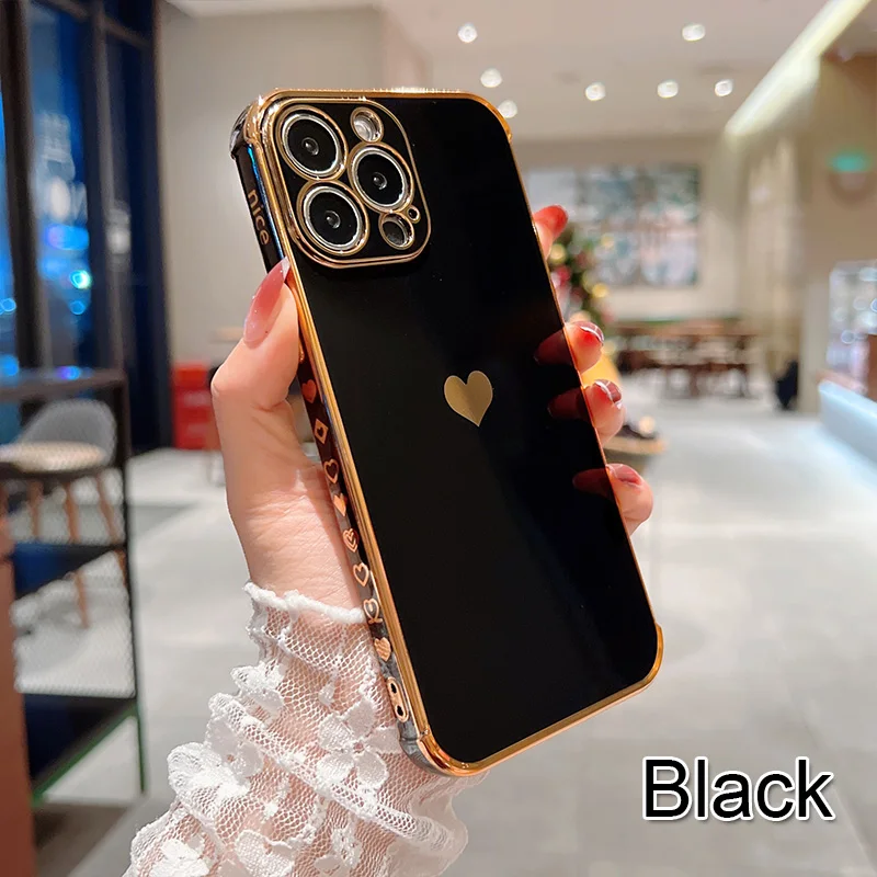Color: black, Ships From: CN, Material: CANVAS - Electroplating Side Love Heart Phone Case For IPhone 16 15 14 13 12 11 Pro Max XR 8 Plus SE2/SE3 Shockproof Back Cover