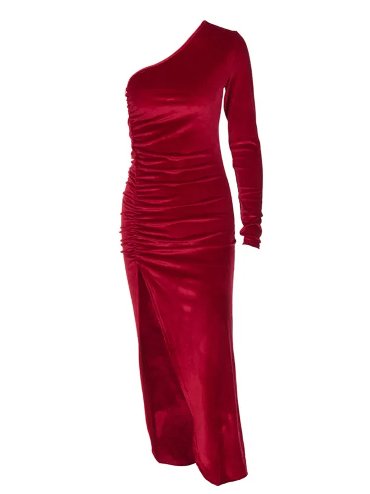 Color: green, Size: S - Women Elegant Long Sleeve Party Evening Velvet Bodycon Split Pencil Midi Dress Spring Autumn Clothes
