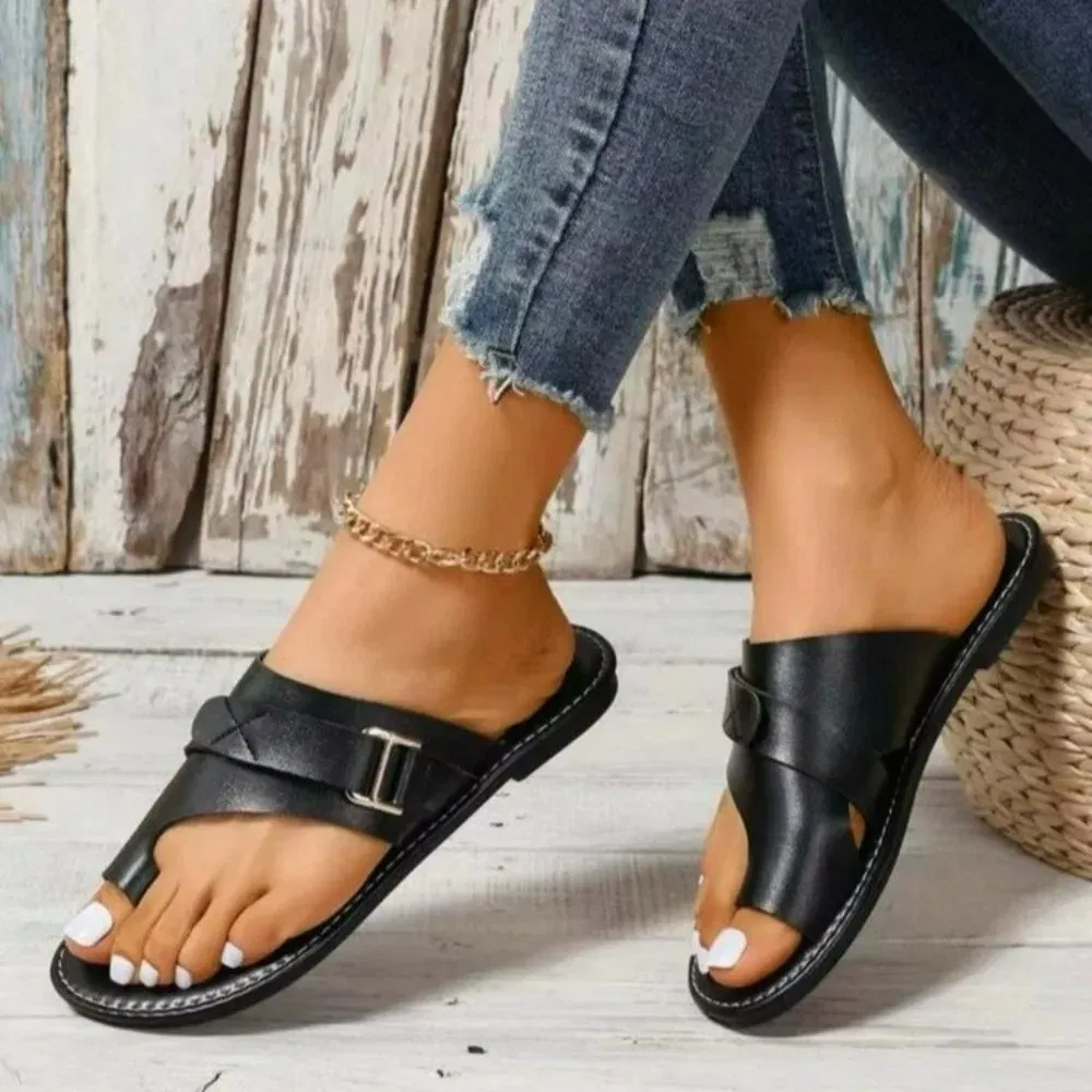 Color: Black, Shoe Size: 36 - Women Slippers Outdoor Casual Beach Women Shoes Summer New Flats Flip Flop Sandals Walking Clip Toe Rome Buckle Ladies Slides