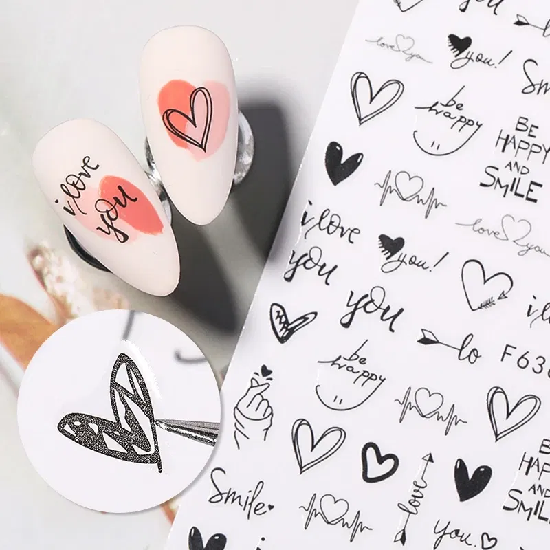 Color: Beige - Heart Leaf Design 3D Nail Sticker Black White Transfer Stickers for Nails Sexy Girl Face Self-adhensive Slider Tip Abstract Wrap