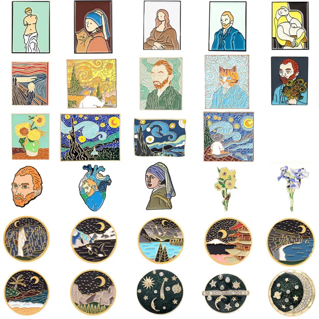 Metal color: SILVER PLATED - Van Gogh Oil Painting Brooch Van Gogh Brooch Galaxy Brooch Star Moon Sunflower Brooch Art Brooch Van Gogh Lapel Pin
