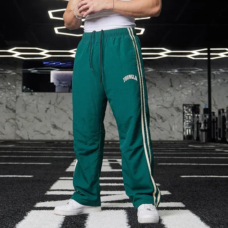 Color: black, Size: L - Jogger Men's Sweatpants Gym Sports Fitness Splicing Strips Printing Mid Waist Casual Pants Ya Fashion Men Clothing Wide Leg Pan