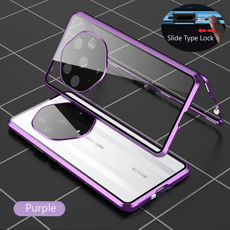 Color: PURPLE, Material: Denim - Double Sided Glass Magnetic Metal Snap Lock Phone Case For Honor Magic 4 5 Ultimate 6 Lite 7 Pro Lens Protection Cover Cases