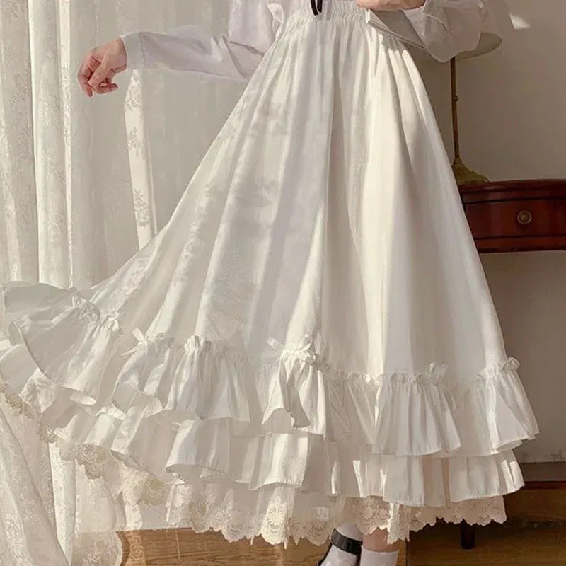 Color: black, Size: L, Ships From: CHINA - Japanese ruffles pleated skirt woman sweet high waist loose Ankle-length skirts women college style black patchwork A-line skirt