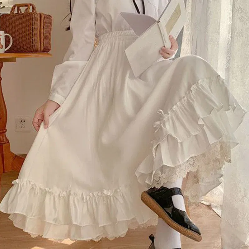 Color: black, Size: L, Ships From: CHINA - Japanese ruffles pleated skirt woman sweet high waist loose Ankle-length skirts women college style black patchwork A-line skirt