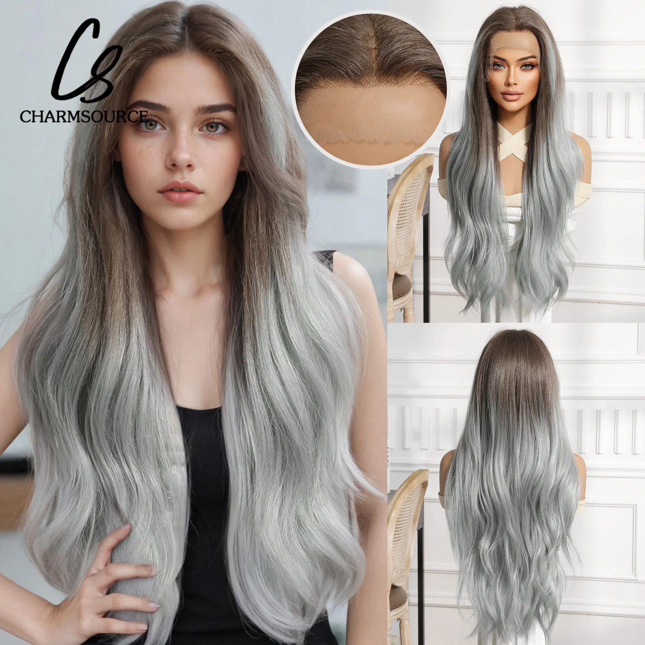 Color: #13, Bulk Buy: 1pc, Density: 150%, Ships From: CHINA - CharmSource 13x6 Lace Wig Long Wavy Brown Gray Wigs with Dark Root for Women Daily Party Cosplay Wedding High Density
