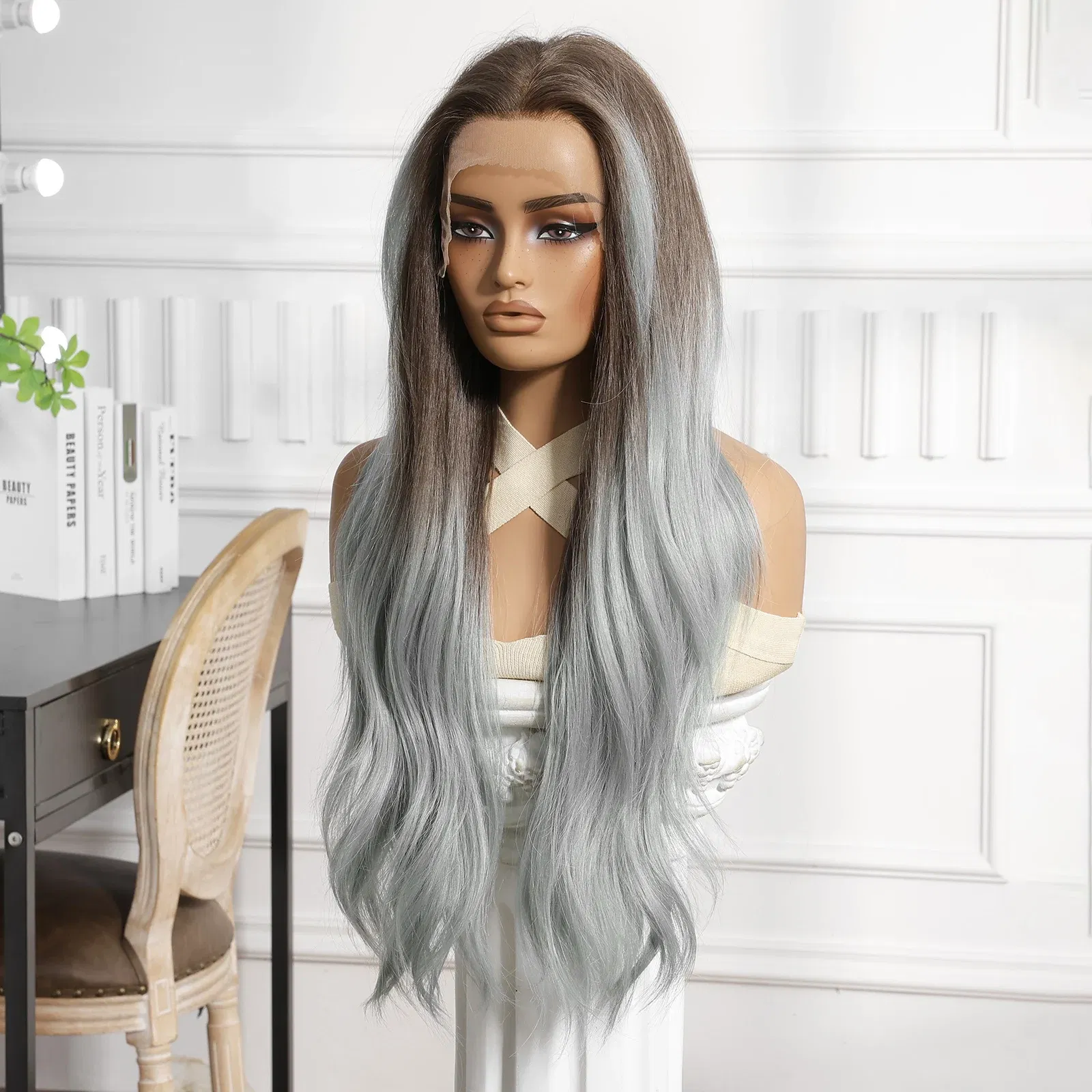 Color: #13, Bulk Buy: 1pc, Density: 150%, Ships From: CHINA - CharmSource 13x6 Lace Wig Long Wavy Brown Gray Wigs with Dark Root for Women Daily Party Cosplay Wedding High Density