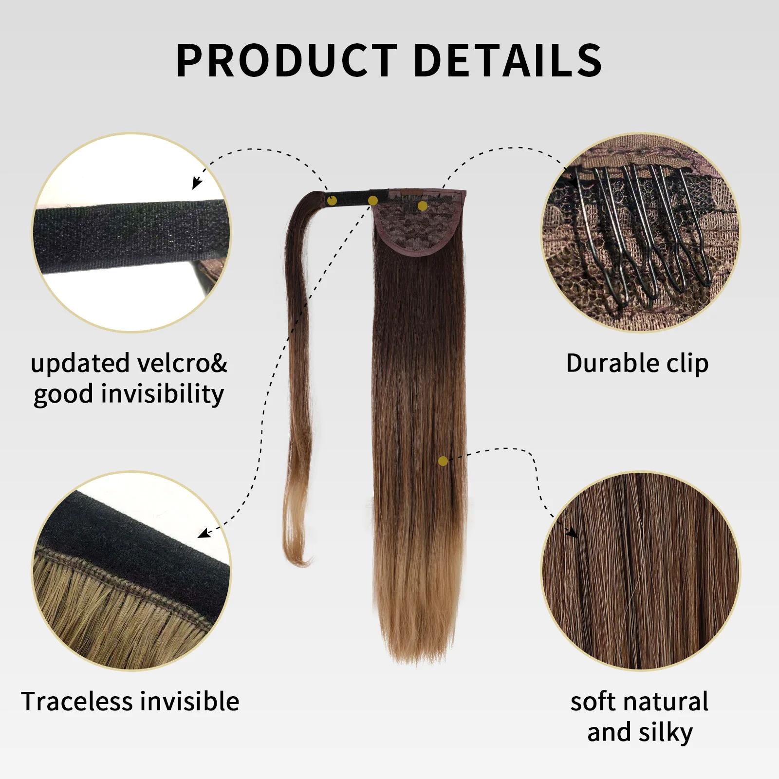 Color: T4/27/30 - Synthetic Hair Chip-in Hair Extension Pony Tail Wig Heat-Resistant Straight Hair With Ponytail Wig 20Inch Long Black Brown Ombr3