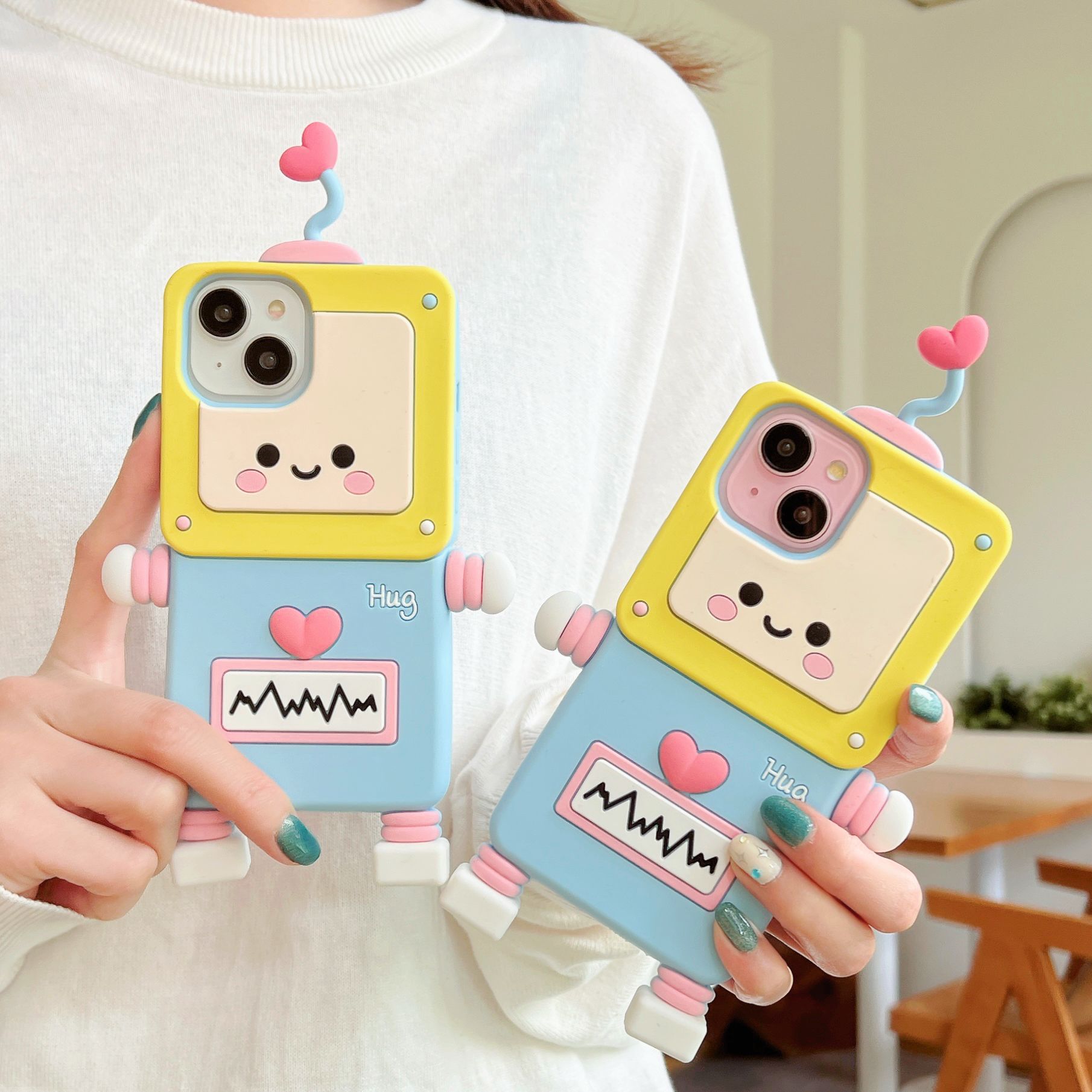 Material: Canvas, Color: Beige - New Cartoon Love Antenna Robot Phone Case For iPhone 15 14 13 12 Pro Max 11 Drop Resistant Case Card