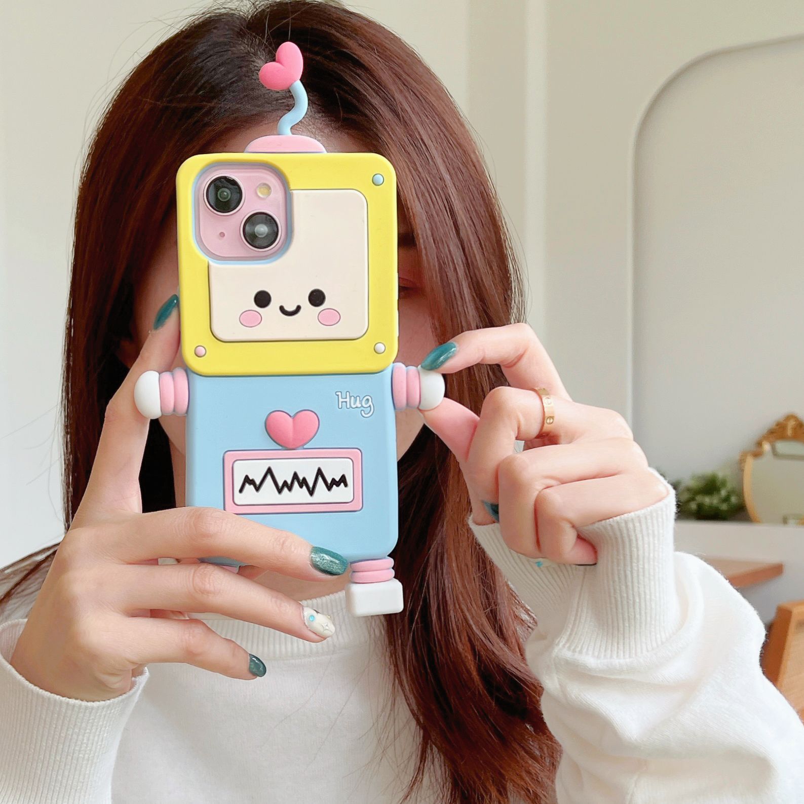 Material: Canvas, Color: Beige - New Cartoon Love Antenna Robot Phone Case For iPhone 15 14 13 12 Pro Max 11 Drop Resistant Case Card
