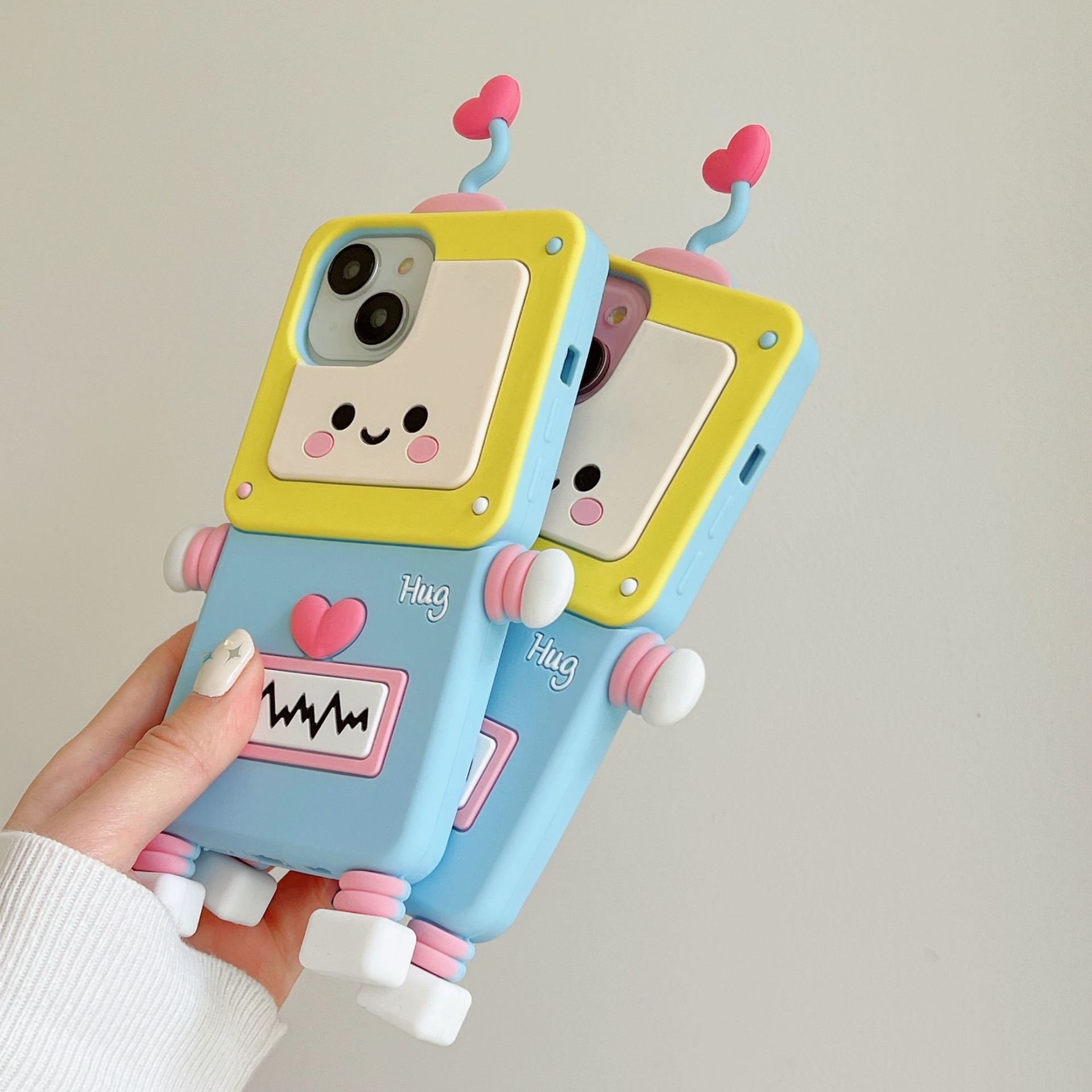 Material: Canvas, Color: Beige - New Cartoon Love Antenna Robot Phone Case For iPhone 15 14 13 12 Pro Max 11 Drop Resistant Case Card