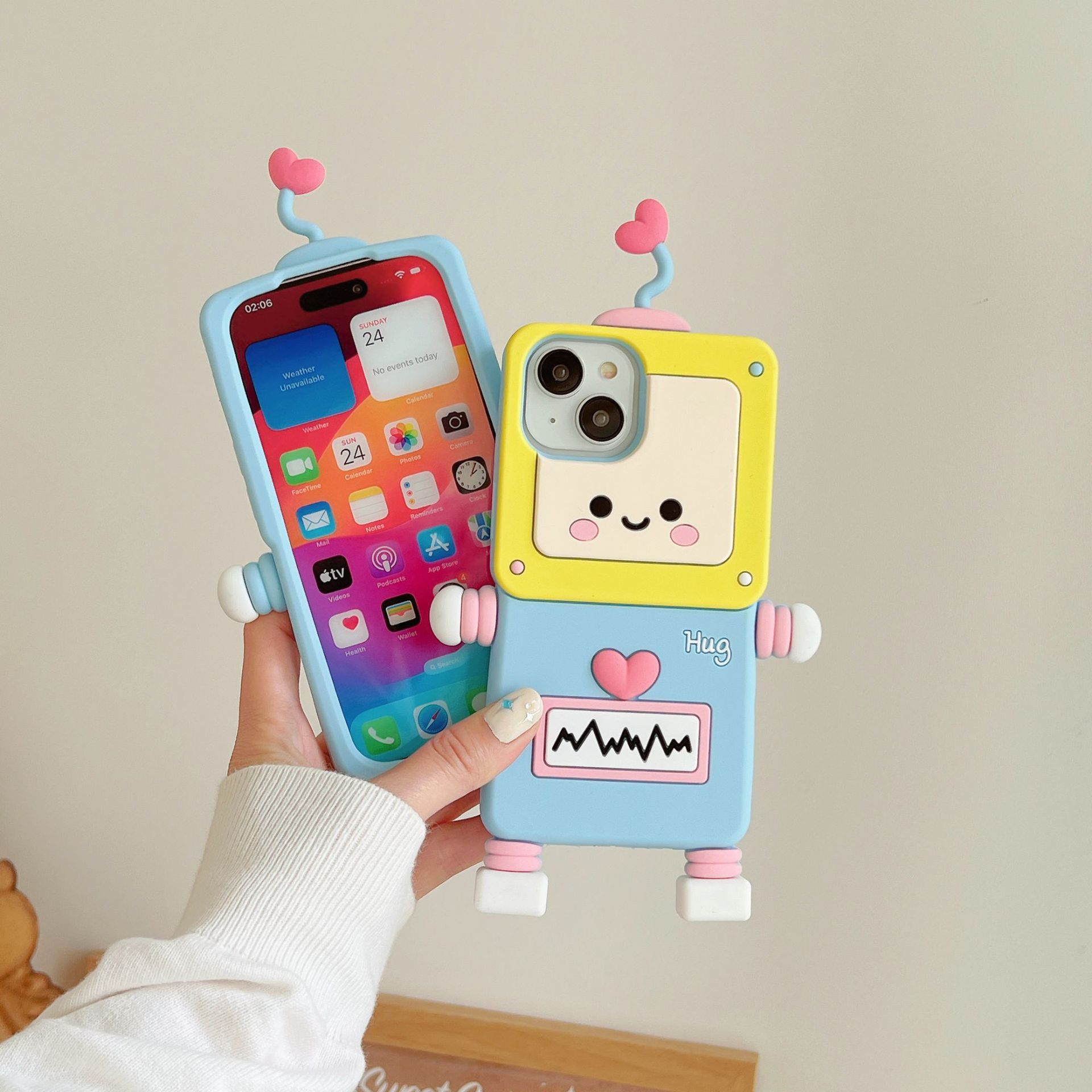 Material: Canvas, Color: Beige - New Cartoon Love Antenna Robot Phone Case For iPhone 15 14 13 12 Pro Max 11 Drop Resistant Case Card