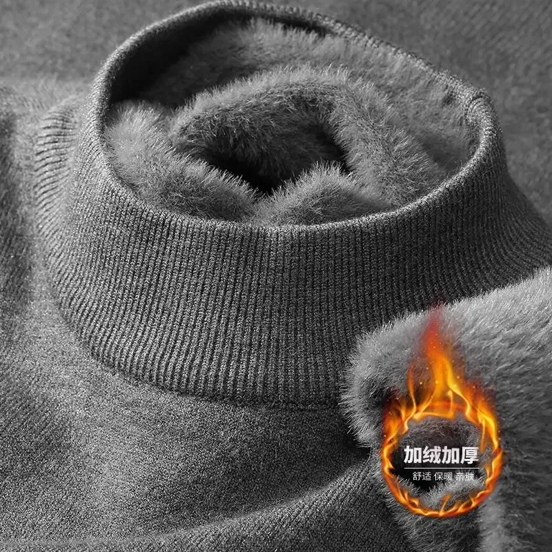 Color: black, Size: XL - Plush Men's Knitted Sweater Turtleneck with Velvet Padded Warm Solid Pullovers Autumn Winter Thick Bottom Casual O-Neck Sweater