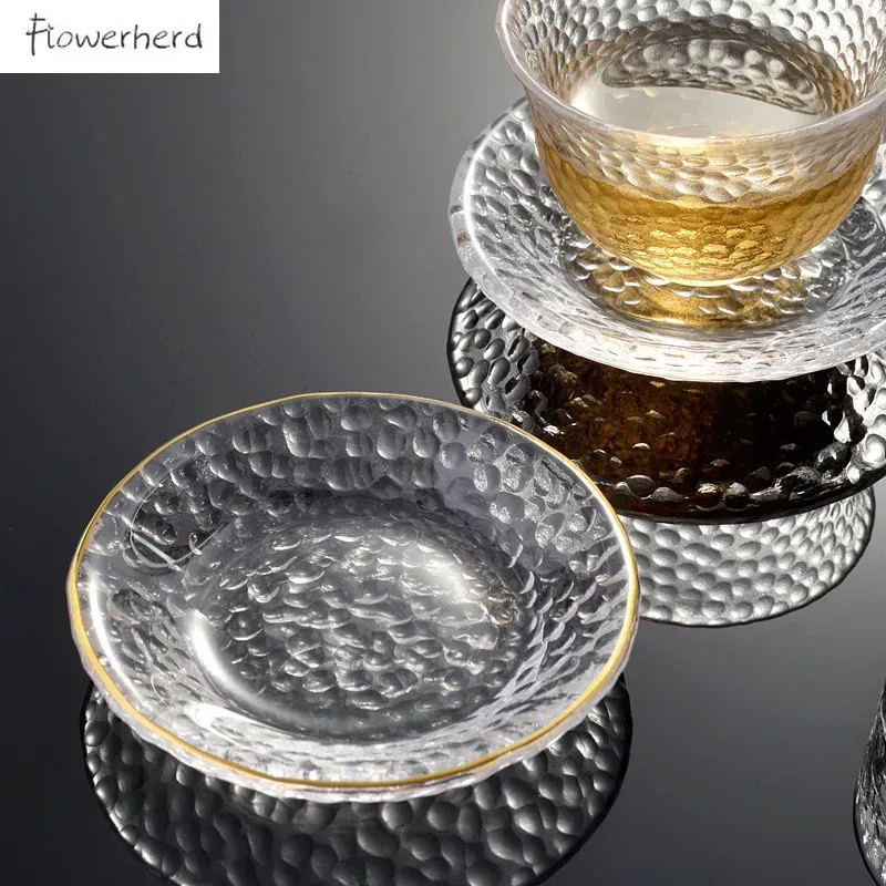 Color: Burgundy - Japanese Style Round Insulated Glass Tea Mat Saucer Teaware Creative Kung Fu Tea Set Cup Holder Phnom Penh Saucer