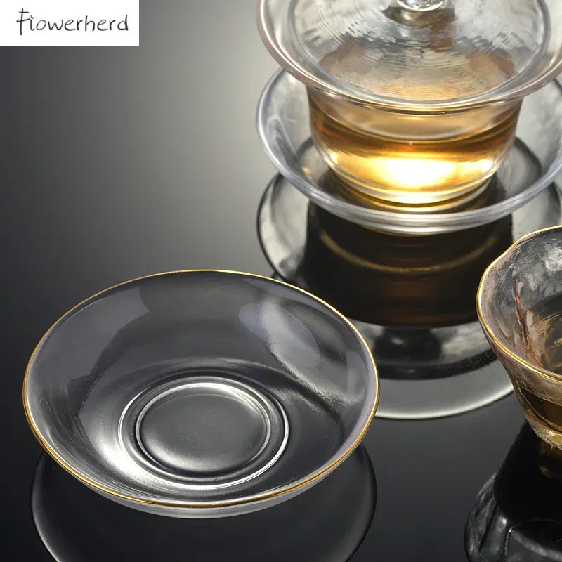 Color: Burgundy - Japanese Style Round Insulated Glass Tea Mat Saucer Teaware Creative Kung Fu Tea Set Cup Holder Phnom Penh Saucer