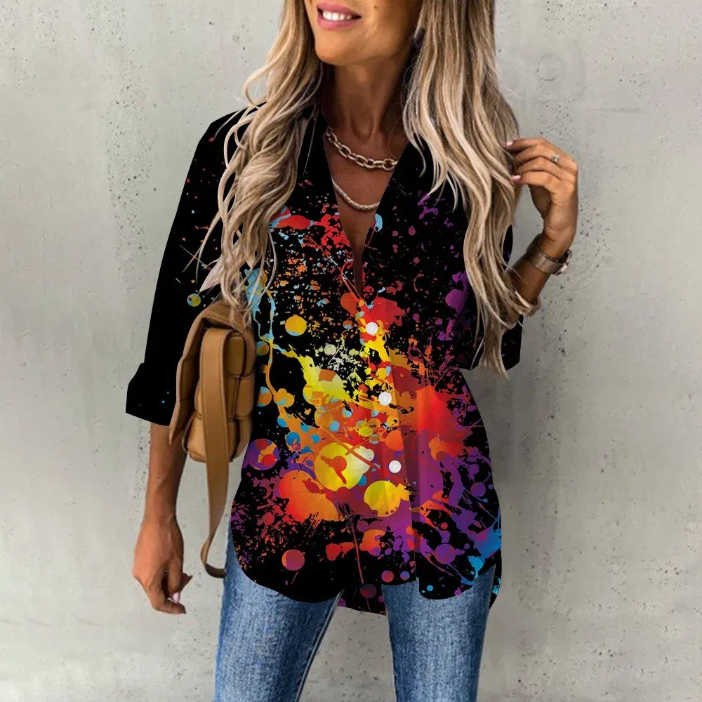 Color: Brown, Size: S - Ladies Long Sleeved Shirt Vacation Style Coconut Tree 3D Digital Printed Button Up Collar Loose Casual Ladies Blouse 2024 Autumn
