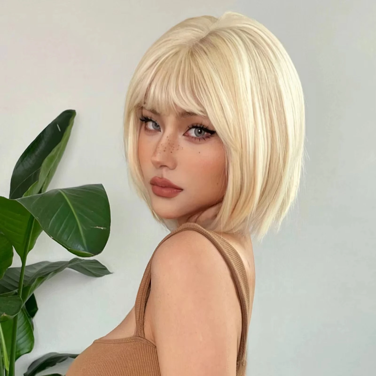 Color: P2/350, Stretched Length: 12inches - New light gold bob hairstyle synthetic wig for Halloween party cosplay wig for daily use high-temperature hair accessory