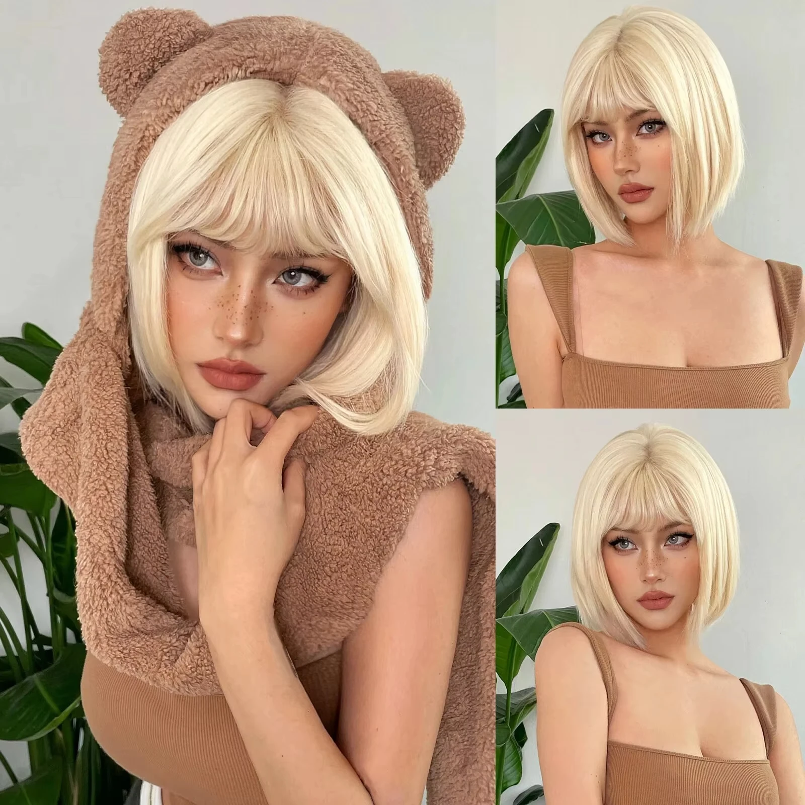 Color: P2/350, Stretched Length: 12inches - New light gold bob hairstyle synthetic wig for Halloween party cosplay wig for daily use high-temperature hair accessory