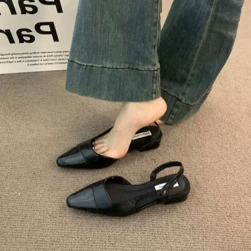 Color: Khaki, Shoe Size: 39 - 24Low Heel Baotou Sandals Women's French Nude Color Pointed Small Fragrant Style Ladies Thick Heels Back Air Style Single Shoes