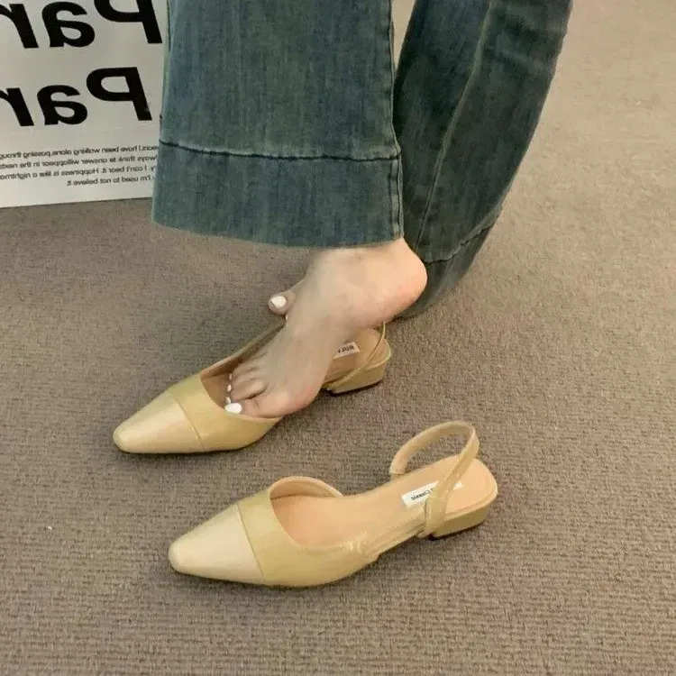 Color: Khaki, Shoe Size: 39 - 24Low Heel Baotou Sandals Women's French Nude Color Pointed Small Fragrant Style Ladies Thick Heels Back Air Style Single Shoes