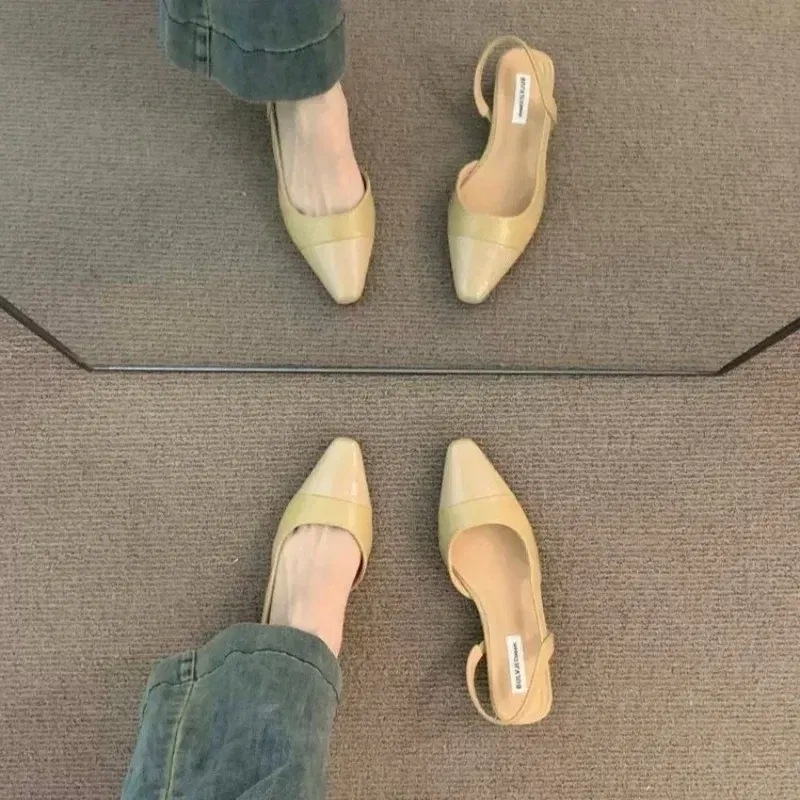 Color: Khaki, Shoe Size: 39 - 24Low Heel Baotou Sandals Women's French Nude Color Pointed Small Fragrant Style Ladies Thick Heels Back Air Style Single Shoes