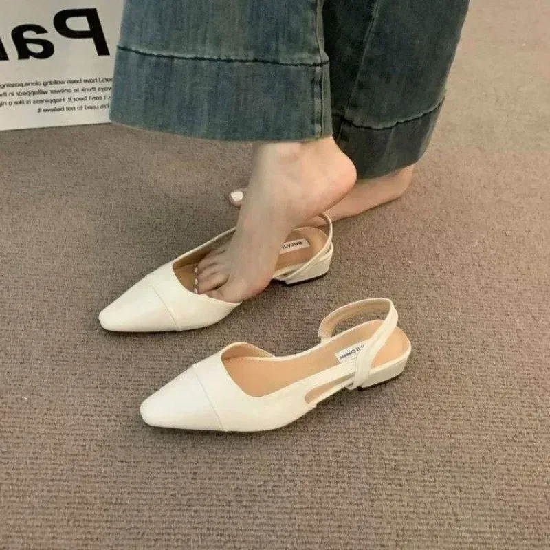 Color: Khaki, Shoe Size: 39 - 24Low Heel Baotou Sandals Women's French Nude Color Pointed Small Fragrant Style Ladies Thick Heels Back Air Style Single Shoes
