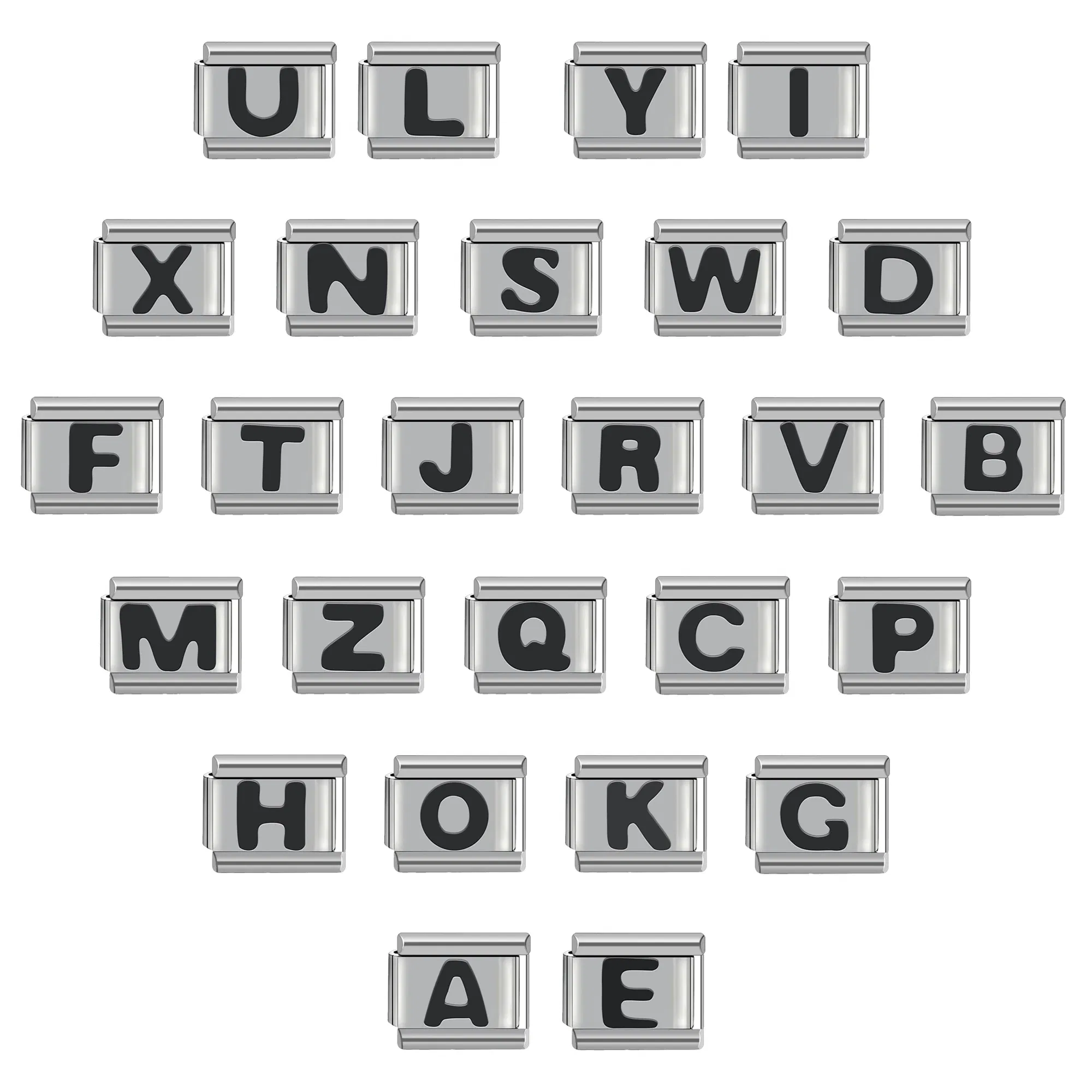 Metal Color: Vermeil - Black 26 Letter 9mm Diy Italian Charm Stainless Steel Bracelet