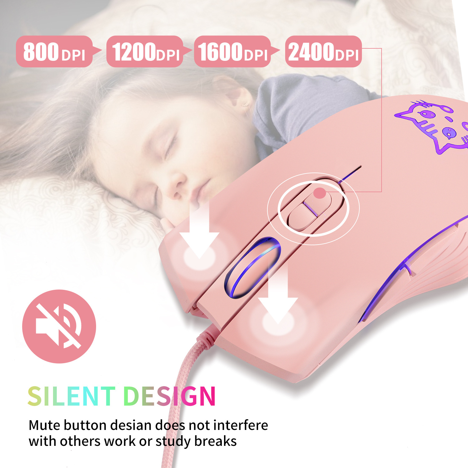 Color: WHITE - USB Wired Gaming Mouse Pink Computer Professional E-sports Mause 2400 DPI Colorful Backlit Silent Mice for Lol Data Laptop Pc