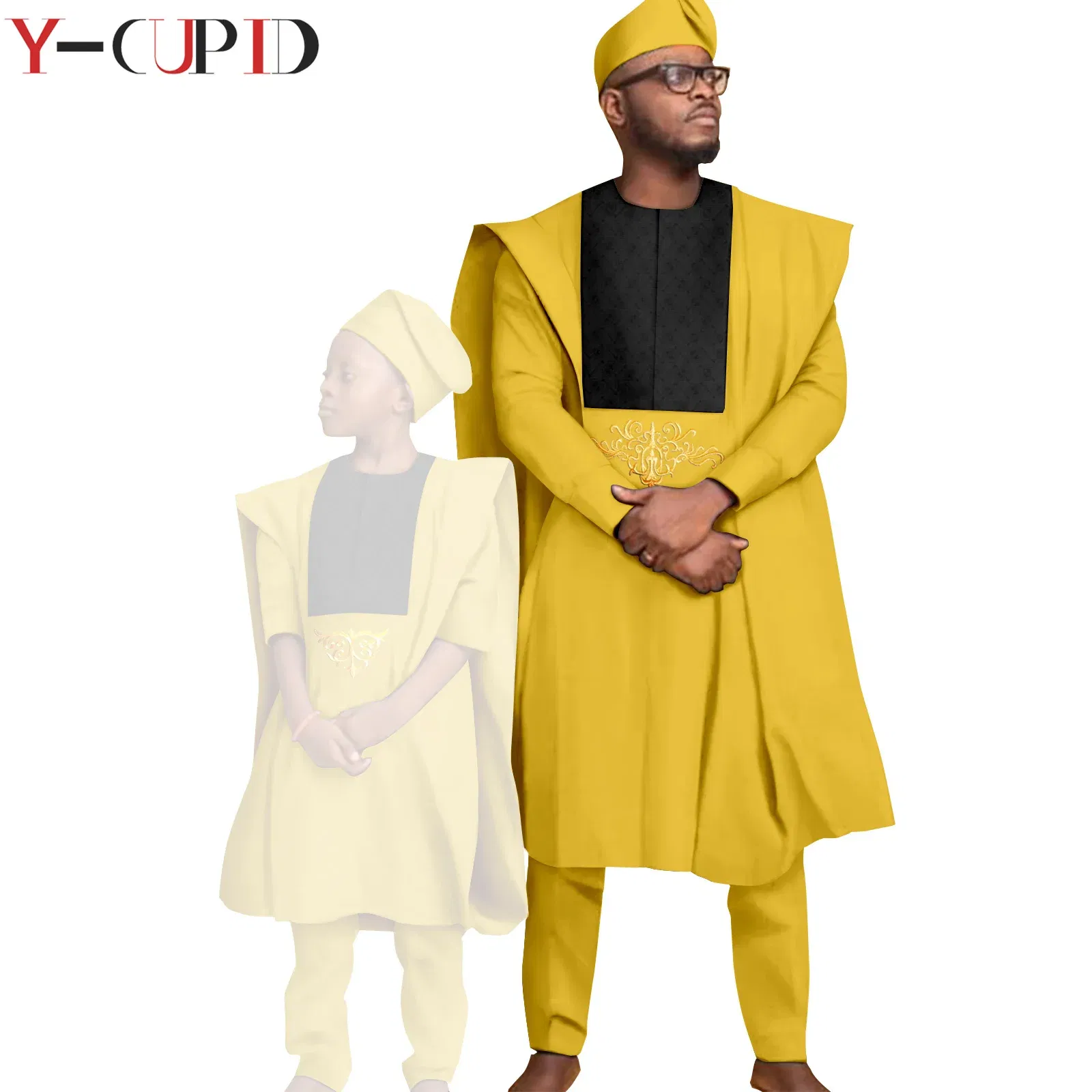 Color: Khaki, Size: S - African Clothes for Men Top Pants Robes Hat Sets Match Kid Boy Sets Dashiki Father and Son Bazin Riche Family Outfits Y20F001