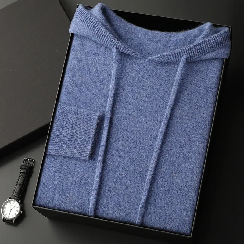 Color: SKY BLUE, Size: XXL - Yoyoselect Men's 100% Cashmere  Luxury Sweater Hoodie Autumn Winter Thick Warm Hooded Pullover Casual Smart Jumpers Knitwear Top