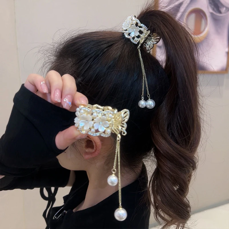 Color: Silver - Fashion Rhinestone Tassel Pearl Hair Claws Flowers Hair Clip Women Barrettes Ponytail Holder Hairpins Hair Accessories Gifts