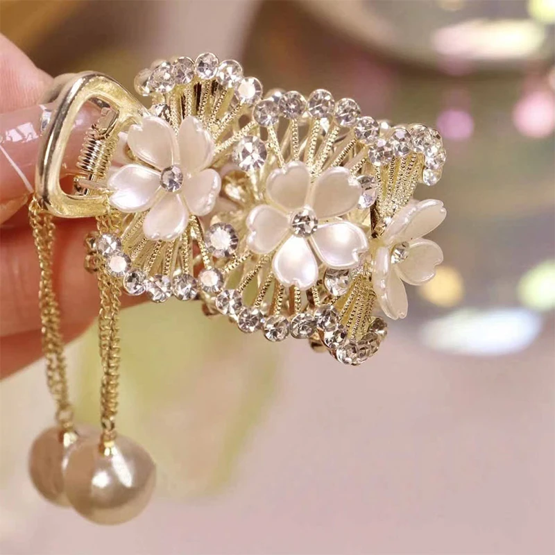 Color: Silver - Fashion Rhinestone Tassel Pearl Hair Claws Flowers Hair Clip Women Barrettes Ponytail Holder Hairpins Hair Accessories Gifts