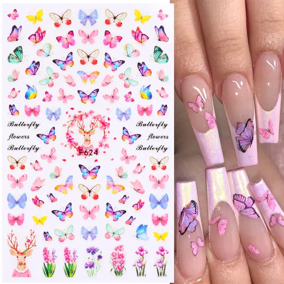 Color: NUDE - 3D Blue Butterfly Adhesive Stickers Nail Art Decoration Laser Flowers Leaves Nail Sticker Nail Art Supplies Nail Parts