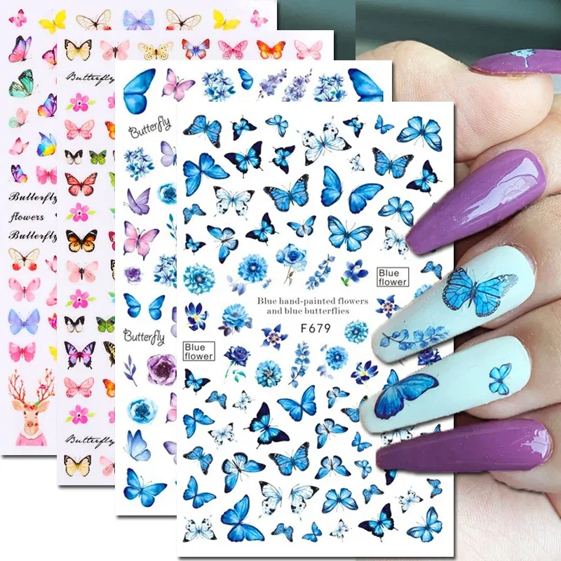 Color: NUDE - 3D Blue Butterfly Adhesive Stickers Nail Art Decoration Laser Flowers Leaves Nail Sticker Nail Art Supplies Nail Parts