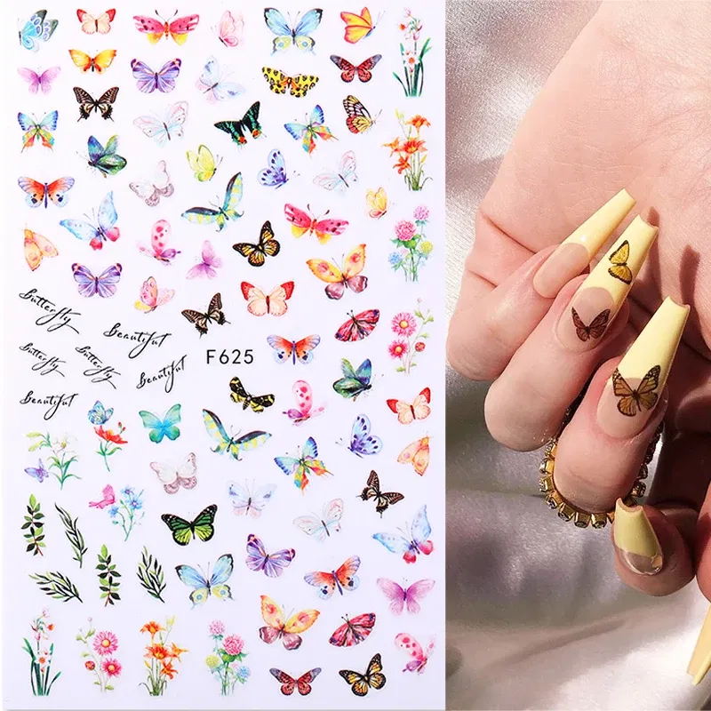 Color: NUDE - 3D Blue Butterfly Adhesive Stickers Nail Art Decoration Laser Flowers Leaves Nail Sticker Nail Art Supplies Nail Parts